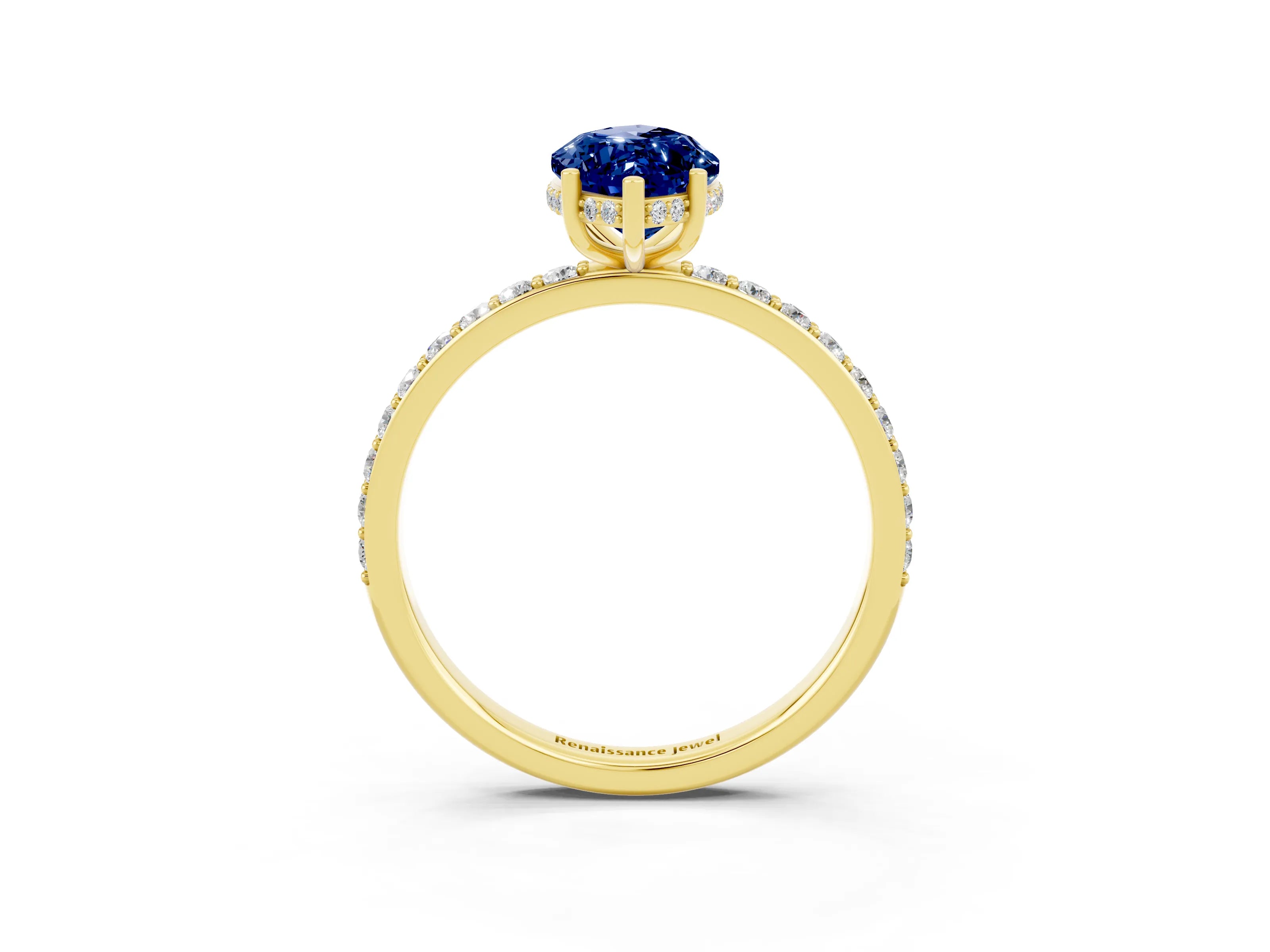 Yellow gold Marquise Cut Blue Sapphire Solitaire Ring with Pavé Band and Hidden Halo_15
