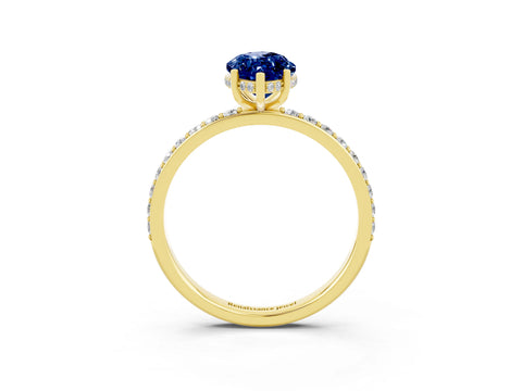 Yellow gold Marquise Cut Blue Sapphire Solitaire Ring with Pavé Band and Hidden Halo_15