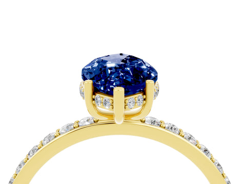 Yellow gold Marquise Cut Blue Sapphire Solitaire Ring with Pavé Band and Hidden Halo_16