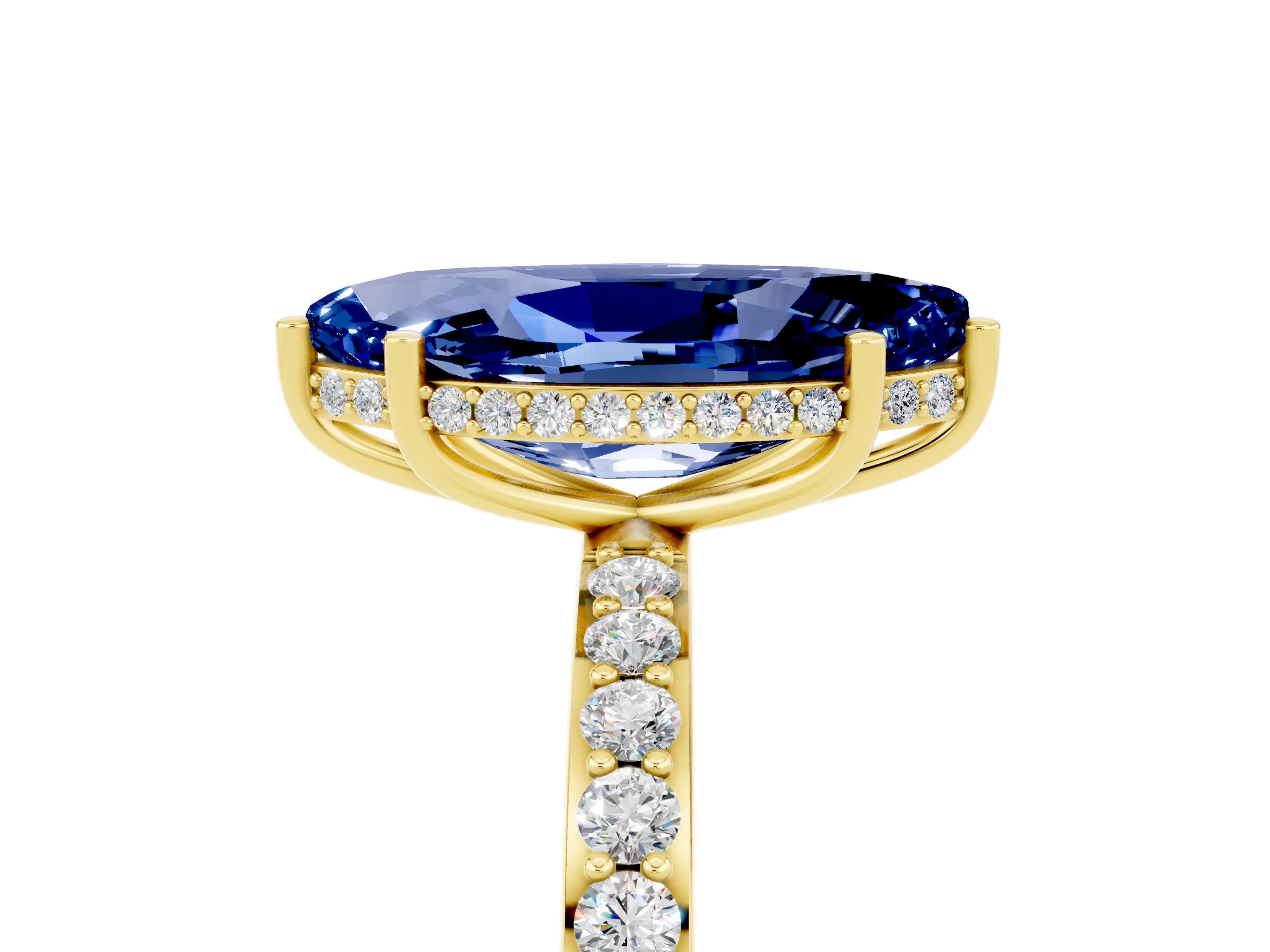 Yellow gold Marquise Cut Blue Sapphire Solitaire Ring with Pavé Band and Hidden Halo_17