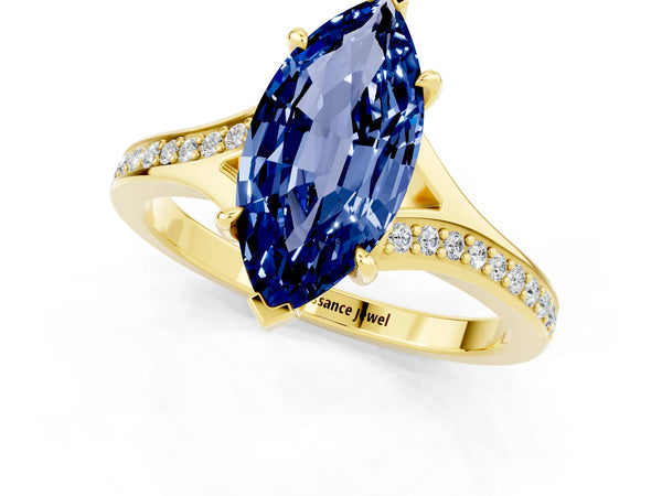Yellow gold Marquise Cut Blue Sapphire Solitaire Ring with Pavé Band and Prong Setting