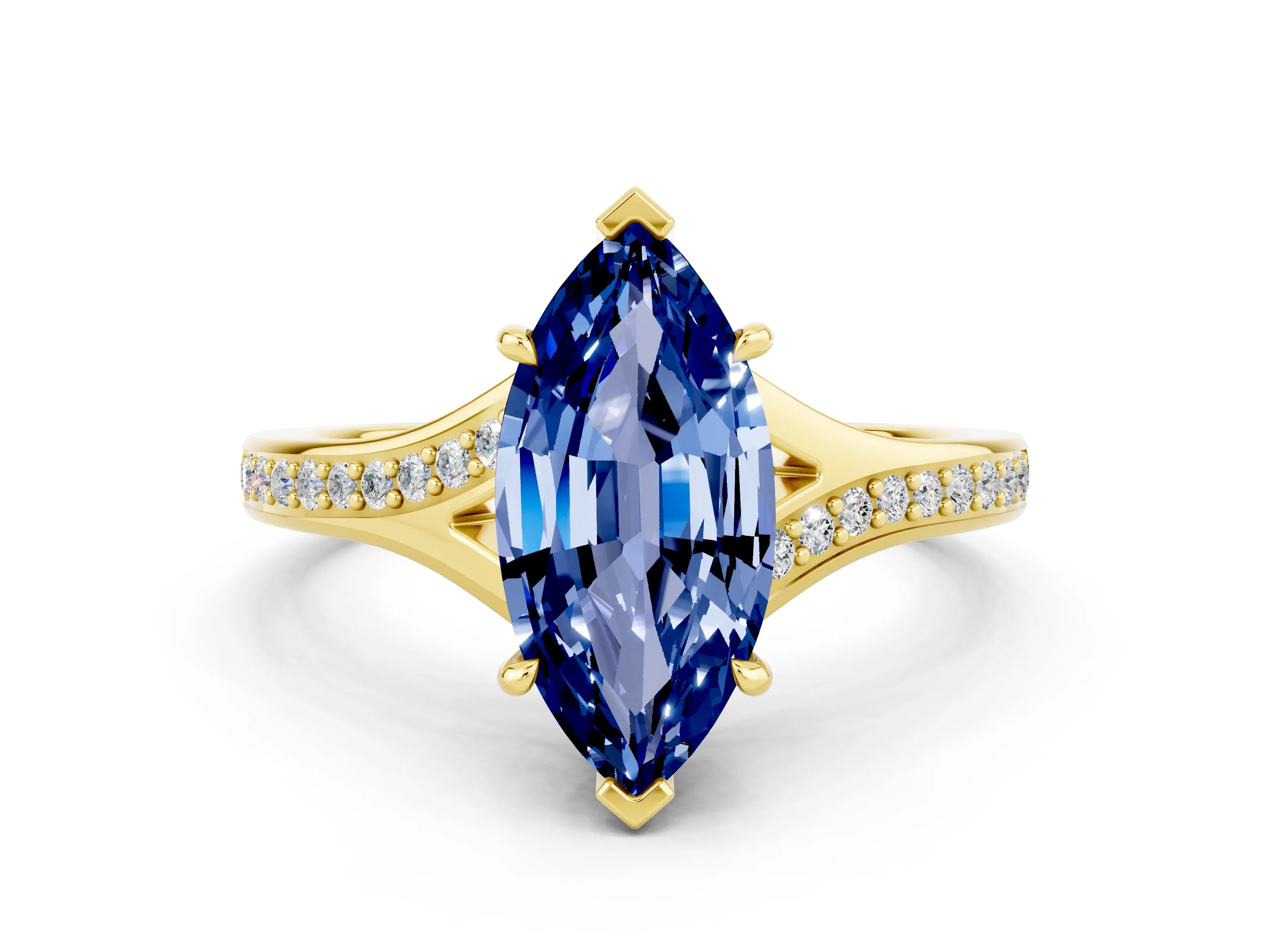 Yellow gold Marquise Cut Blue Sapphire Solitaire Ring with Pavé Band and Prong Setting_12