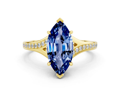 Yellow gold Marquise Cut Blue Sapphire Solitaire Ring with Pavé Band and Prong Setting_12