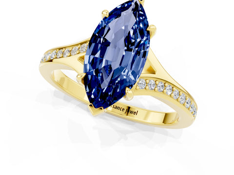 Yellow gold Marquise Cut Blue Sapphire Solitaire Ring with Pavé Band and Prong Setting_13