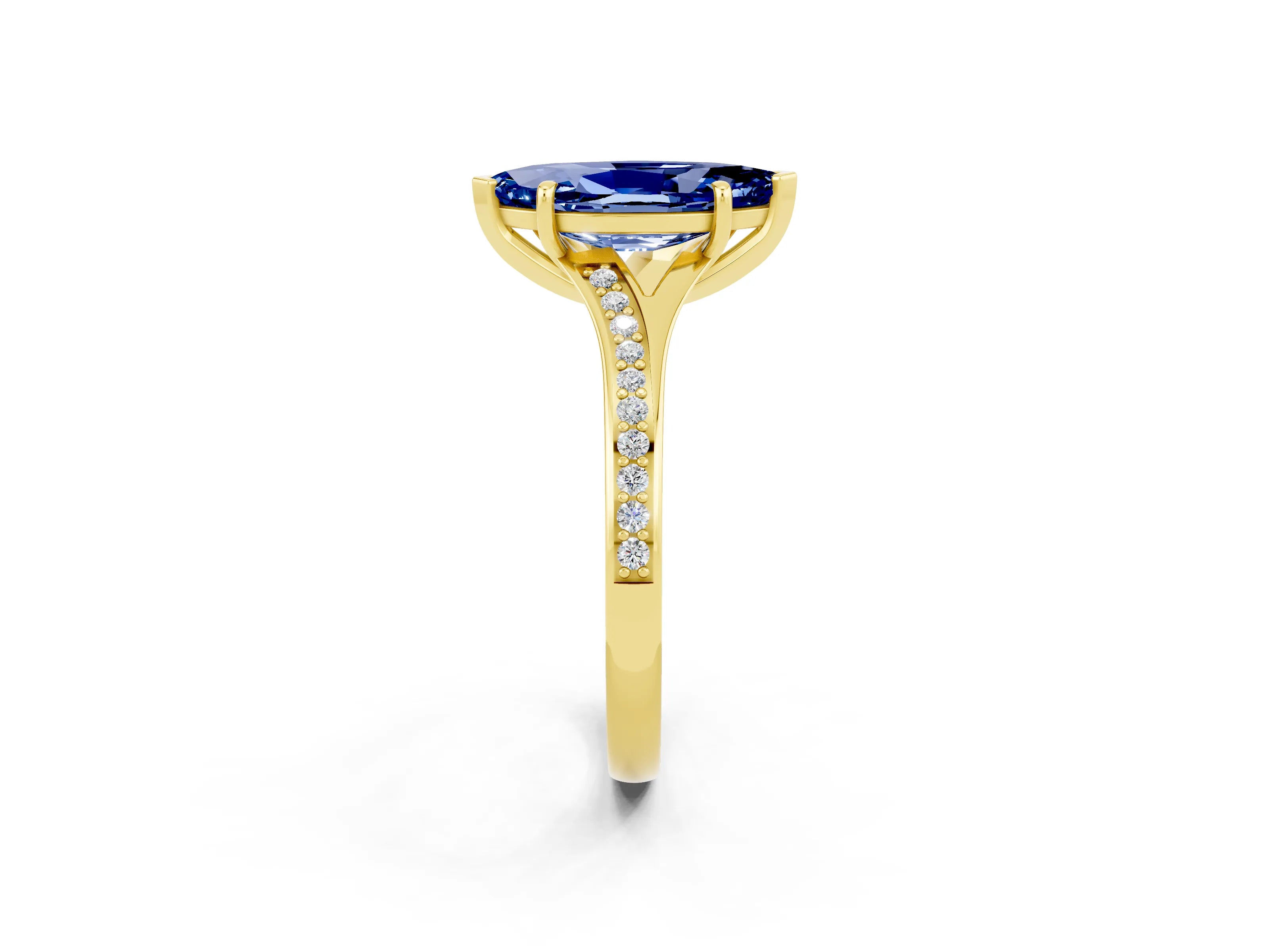 Yellow gold Marquise Cut Blue Sapphire Solitaire Ring with Pavé Band and Prong Setting_14