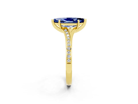 Yellow gold Marquise Cut Blue Sapphire Solitaire Ring with Pavé Band and Prong Setting_14