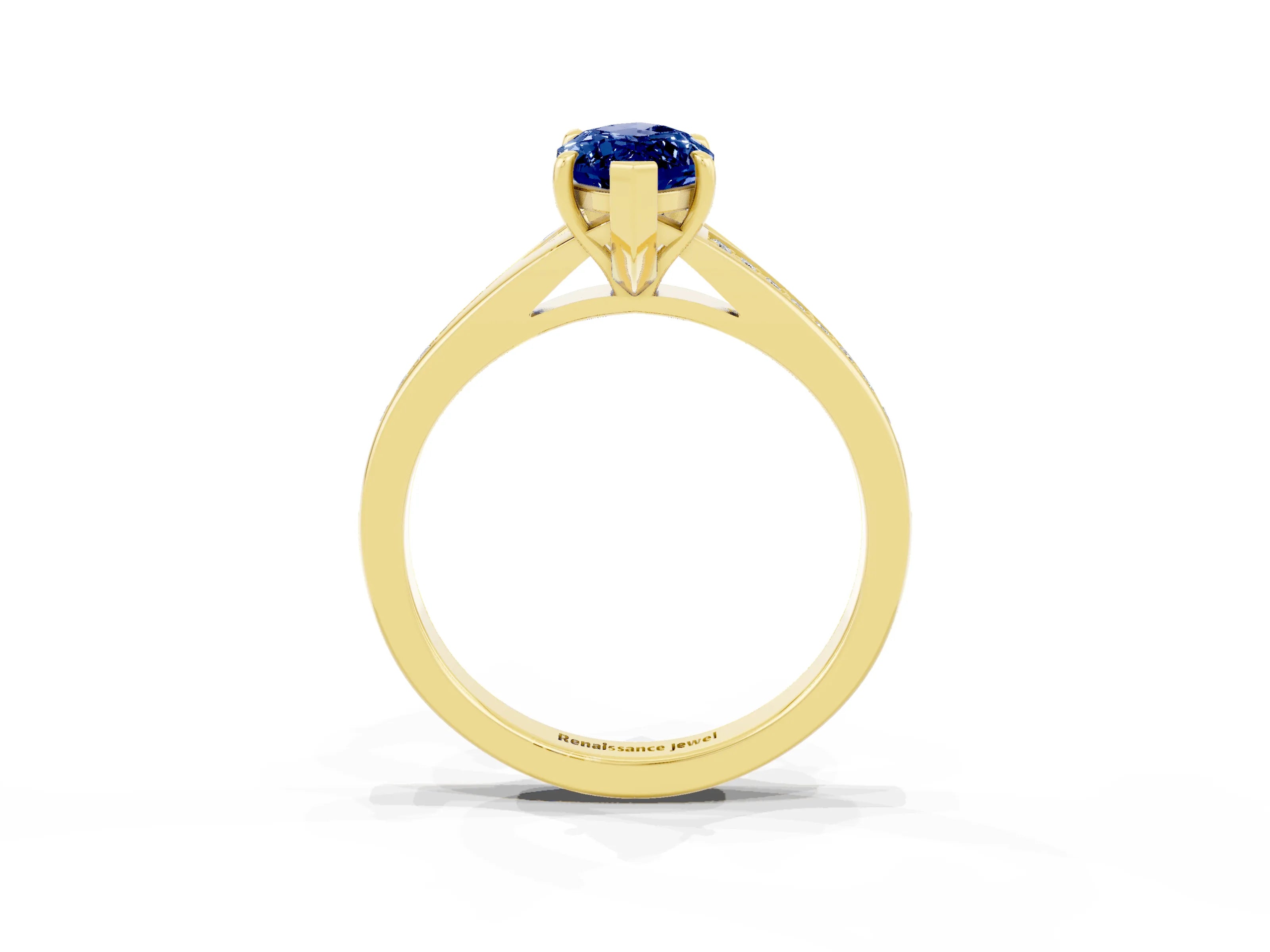 Yellow gold Marquise Cut Blue Sapphire Solitaire Ring with Pavé Band and Prong Setting_15