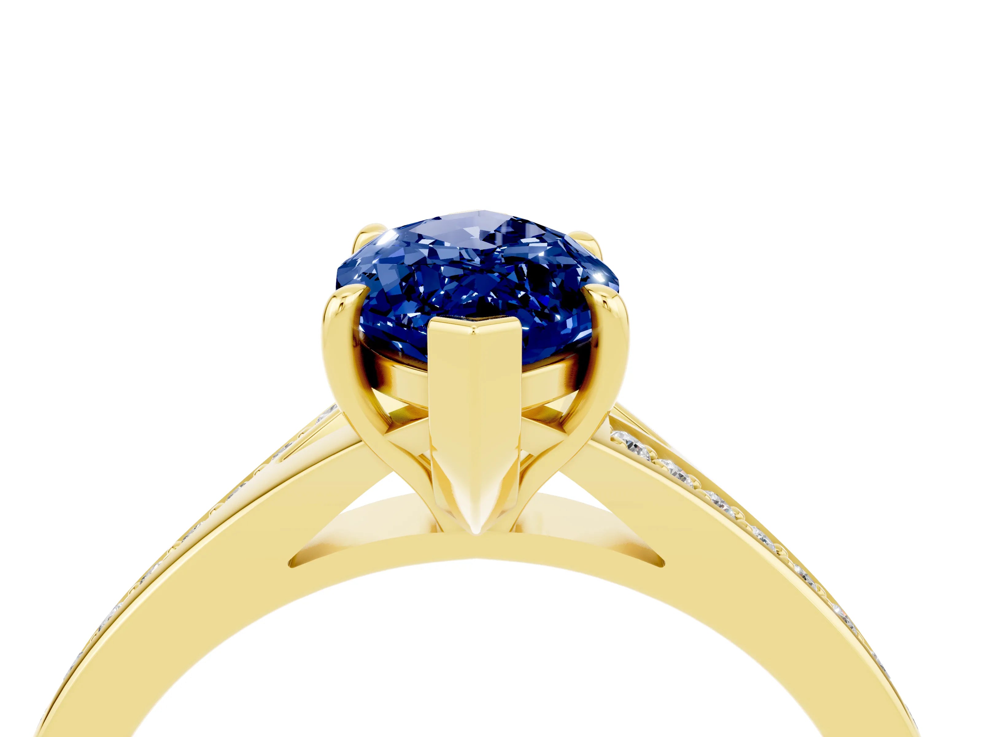 Yellow gold Marquise Cut Blue Sapphire Solitaire Ring with Pavé Band and Prong Setting_16