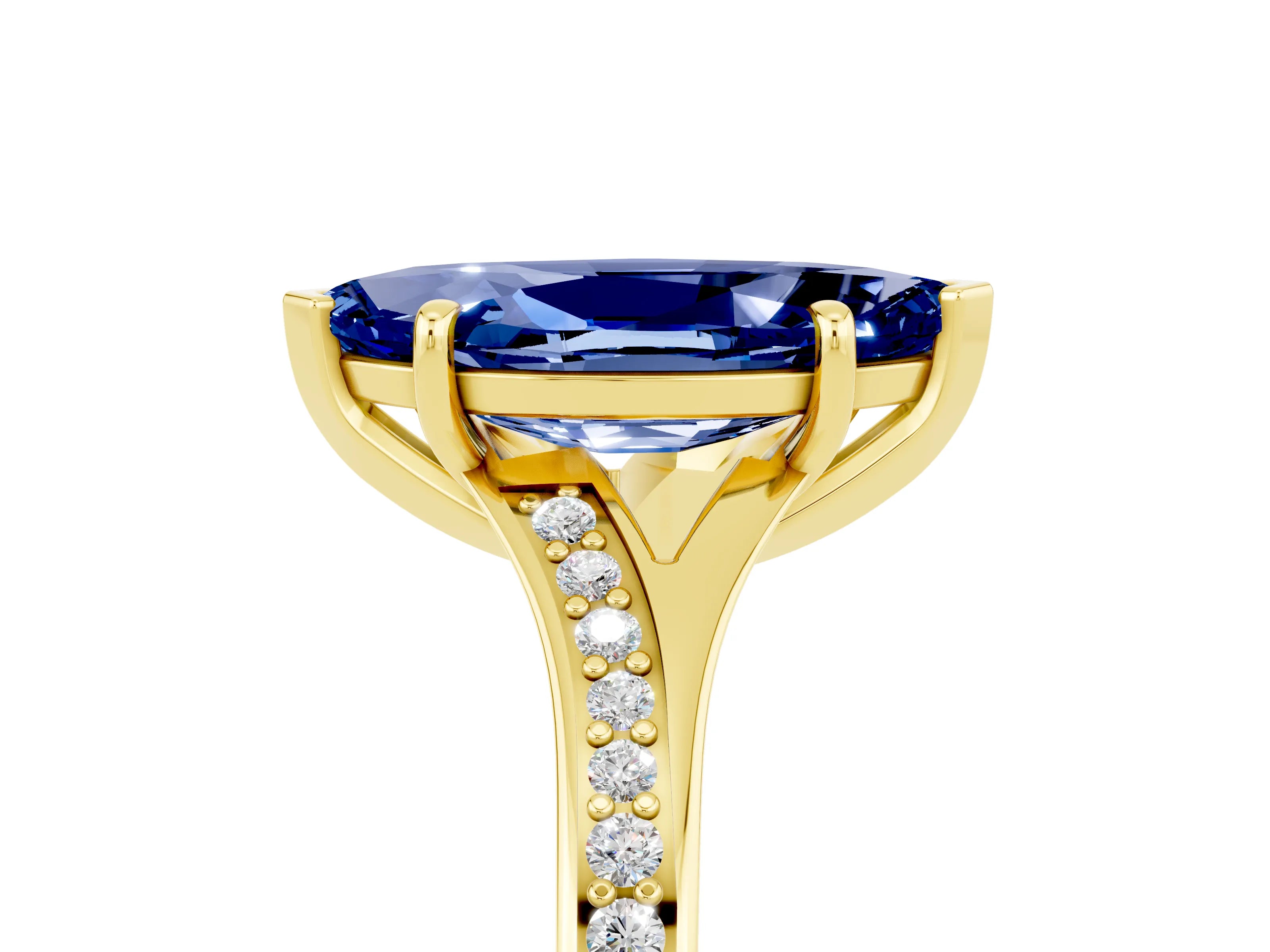 Yellow gold Marquise Cut Blue Sapphire Solitaire Ring with Pavé Band and Prong Setting_17