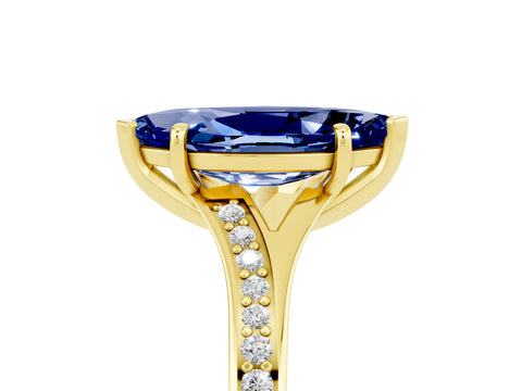 Yellow gold Marquise Cut Blue Sapphire Solitaire Ring with Pavé Band and Prong Setting_17