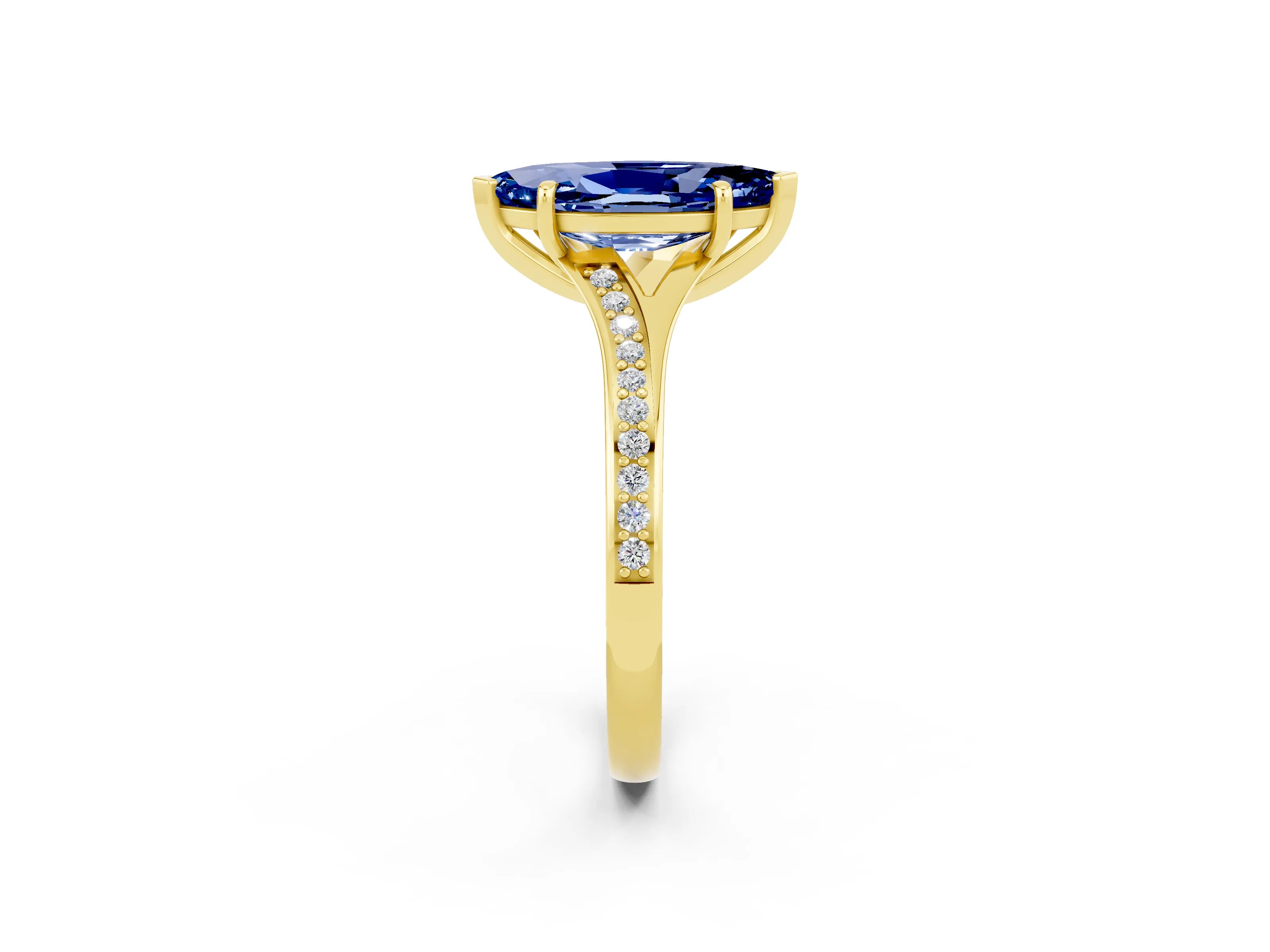Yellow gold Marquise Cut Blue Sapphire Solitaire Ring with Pavé Band and Prong Setting_2