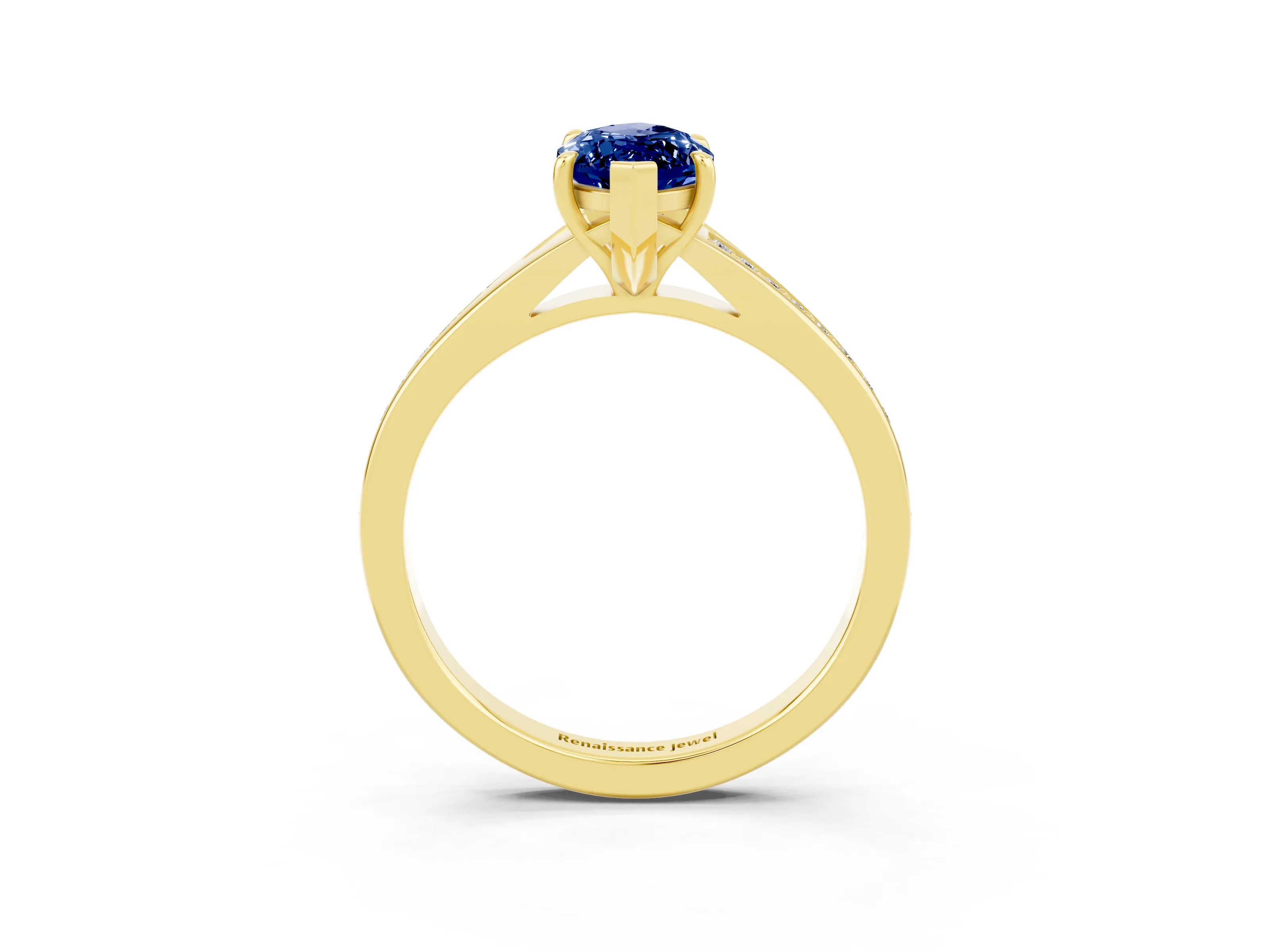 Yellow gold Marquise Cut Blue Sapphire Solitaire Ring with Pavé Band and Prong Setting_3