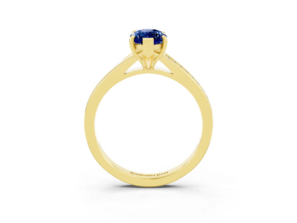 Yellow gold Marquise Cut Blue Sapphire Solitaire Ring with Pavé Band and Prong Setting