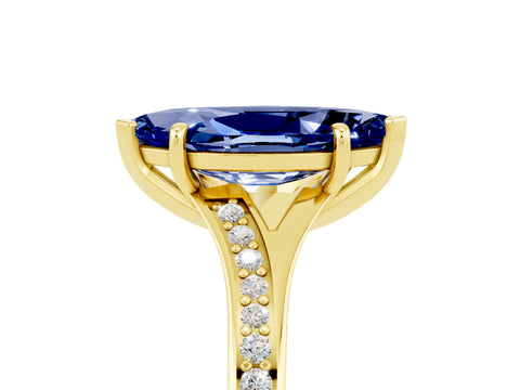 Yellow gold Marquise Cut Blue Sapphire Solitaire Ring with Pavé Band and Prong Setting_5