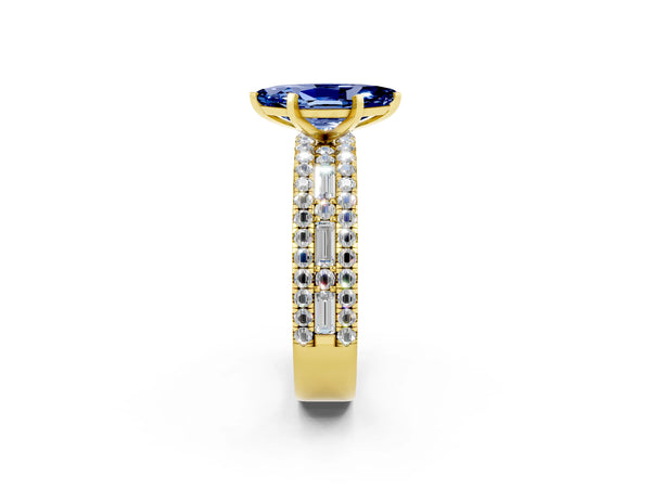 Yellow gold Marquise Cut Blue Sapphire Solitaire Ring with Pavé and Channel Set Band