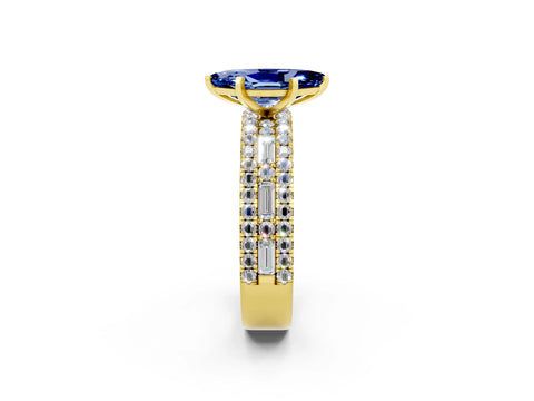 Yellow gold Marquise Cut Blue Sapphire Solitaire Ring with Pavé and Channel Set Band_2