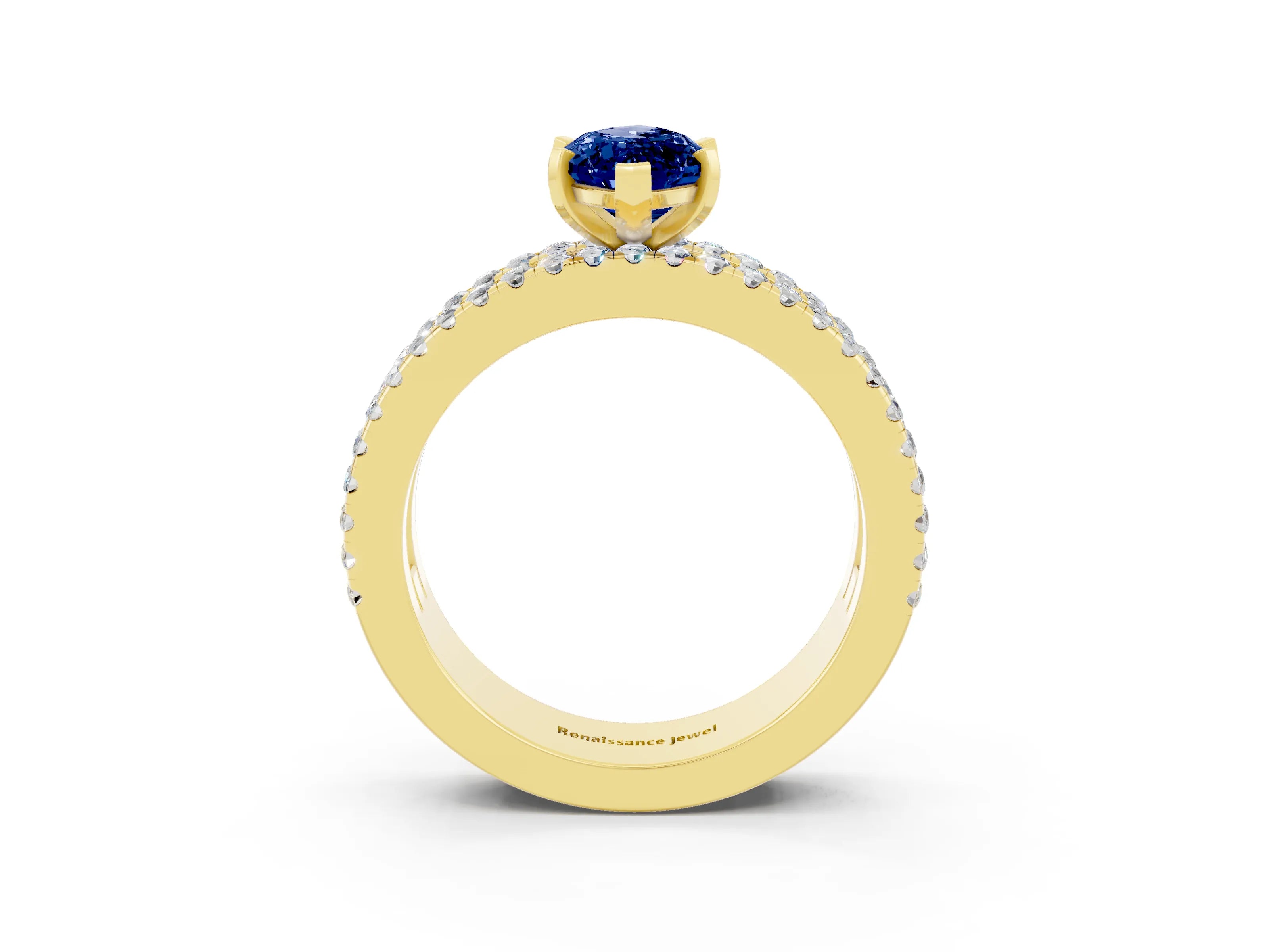 Yellow gold Marquise Cut Blue Sapphire Solitaire Ring with Pavé and Channel Set Band_3
