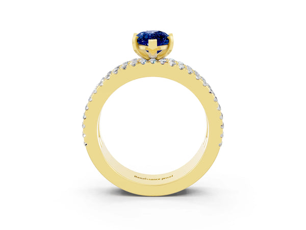 Yellow gold Marquise Cut Blue Sapphire Solitaire Ring with Pavé and Channel Set Band
