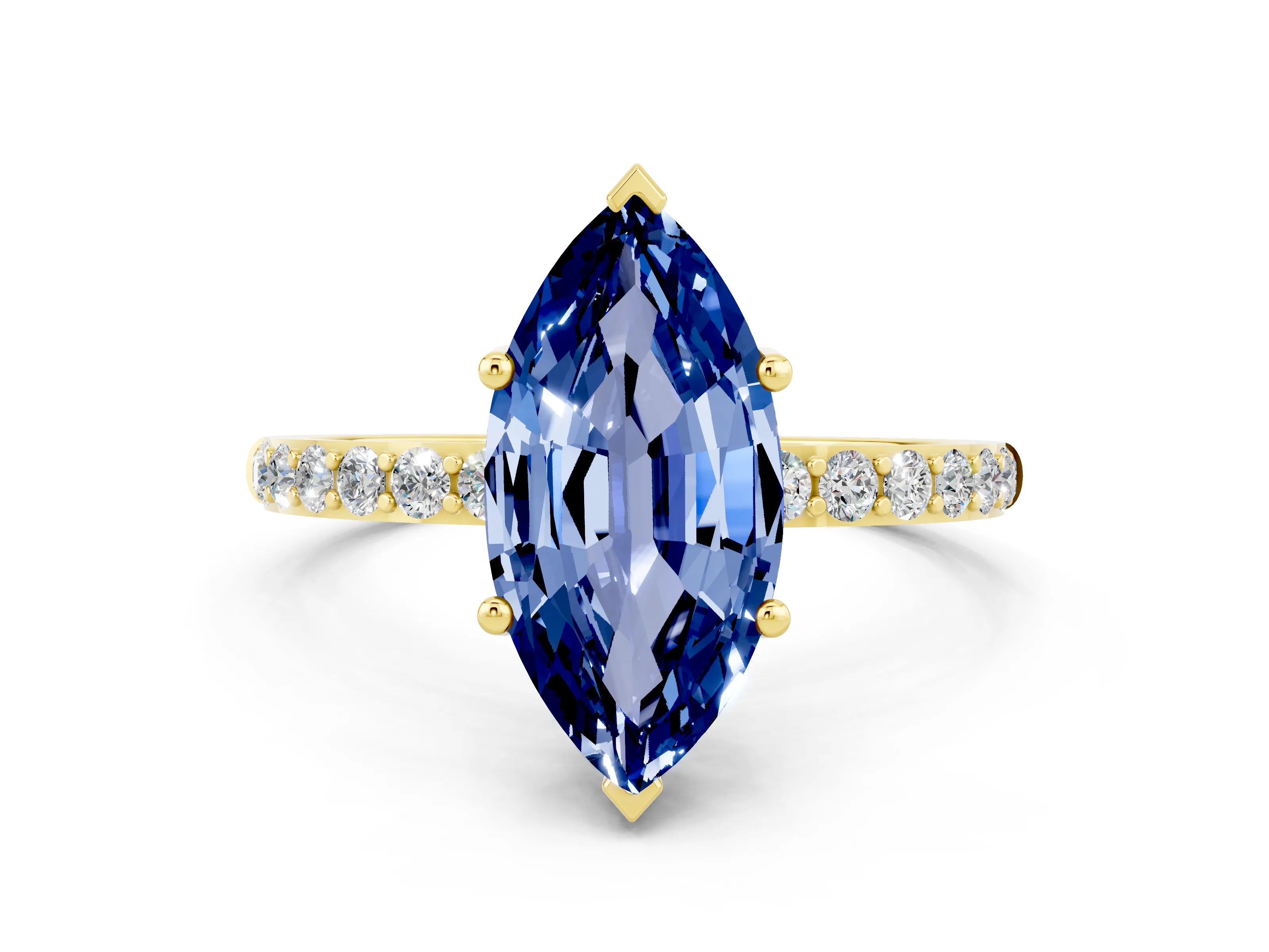 Yellow gold Marquise Cut Blue Sapphire Solitaire Ring with Pave Band and Four Prong Setting_24