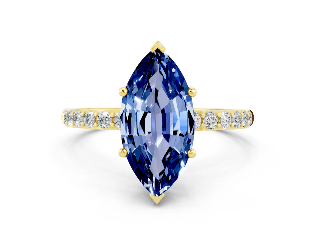 Yellow gold Marquise Cut Blue Sapphire Solitaire Ring with Pave Band and Four Prong Setting_24