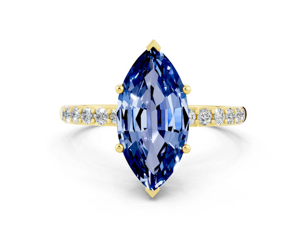 Yellow gold Marquise Cut Blue Sapphire Solitaire Ring with Round  Pavé Band and Prong Setting