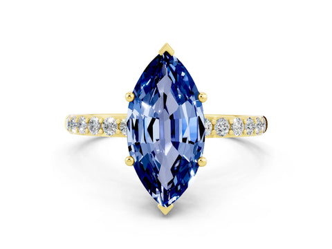 Yellow gold Marquise Cut Blue Sapphire Solitaire Ring with Pave Band and Four Prong Setting_24