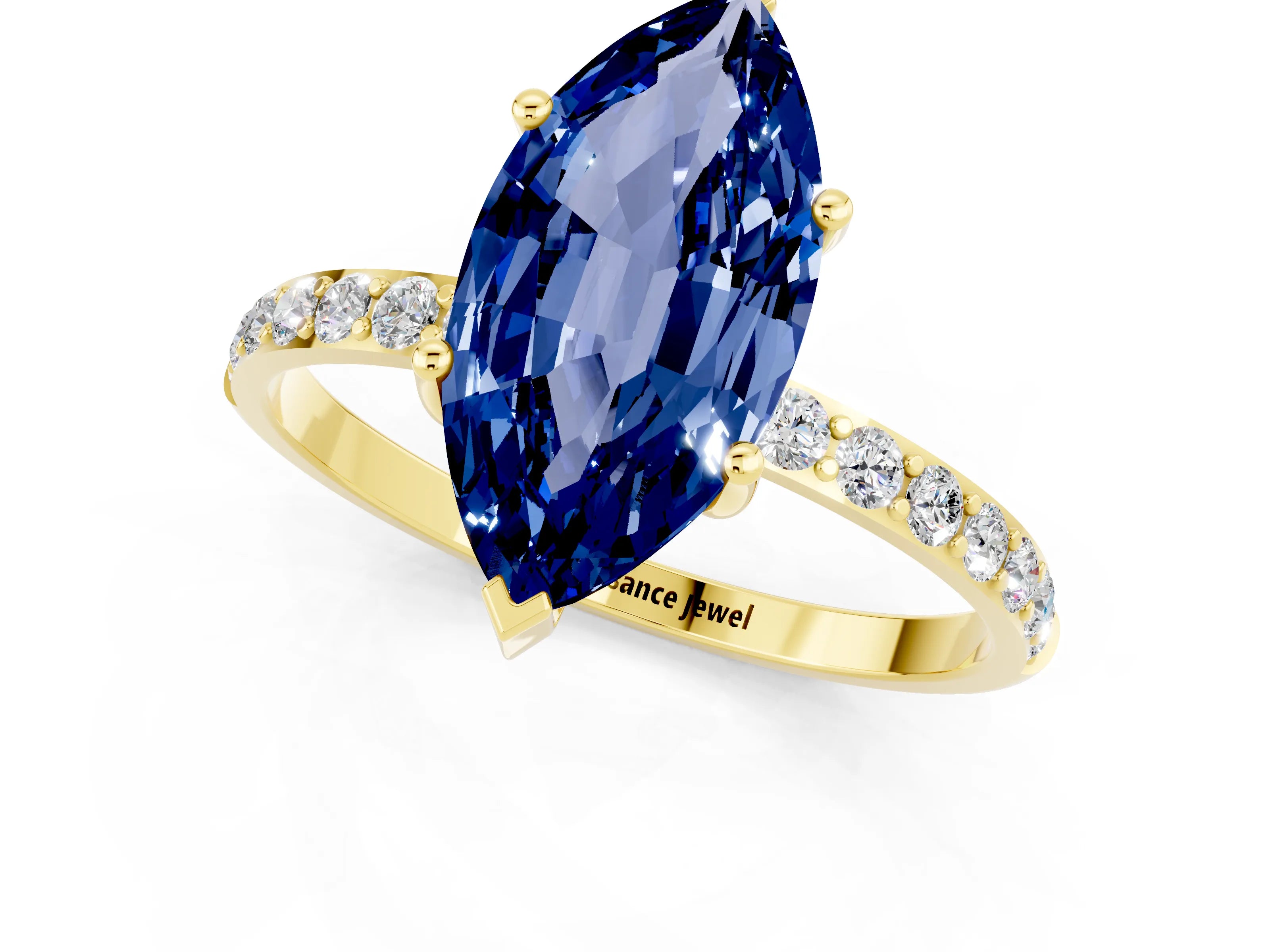 Yellow gold Marquise Cut Blue Sapphire Solitaire Ring with Pave Band and Four Prong Setting_25