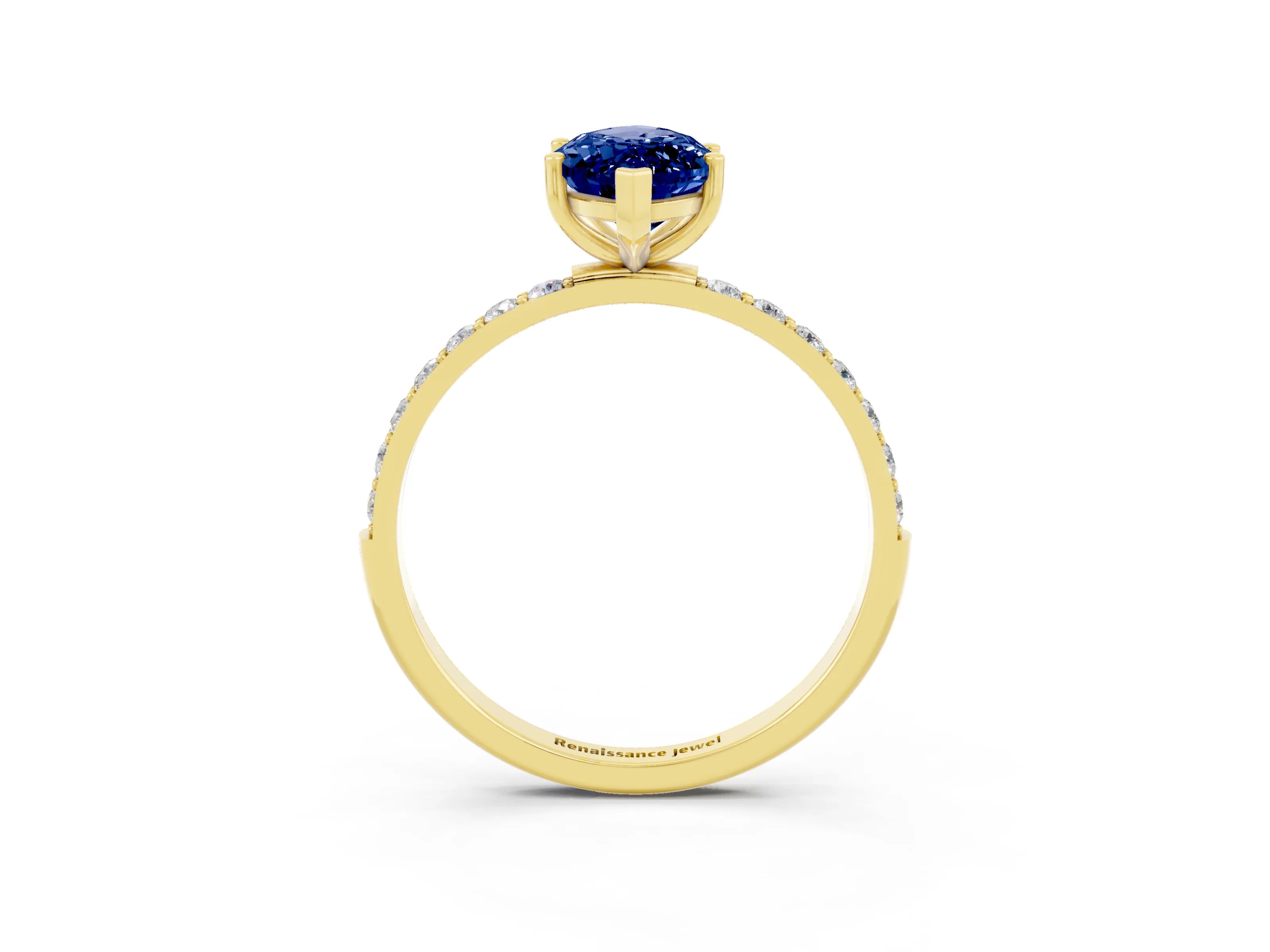 Yellow gold Marquise Cut Blue Sapphire Solitaire Ring with Pave Band and Four Prong Setting_27