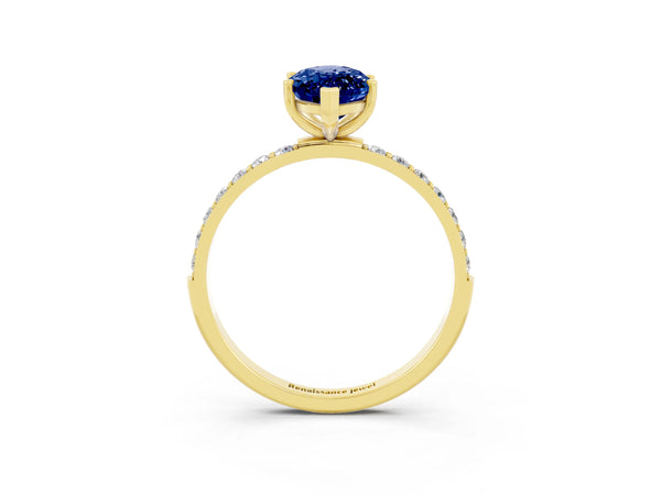Yellow gold Marquise Cut Blue Sapphire Solitaire Ring with Round  Pavé Band and Prong Setting