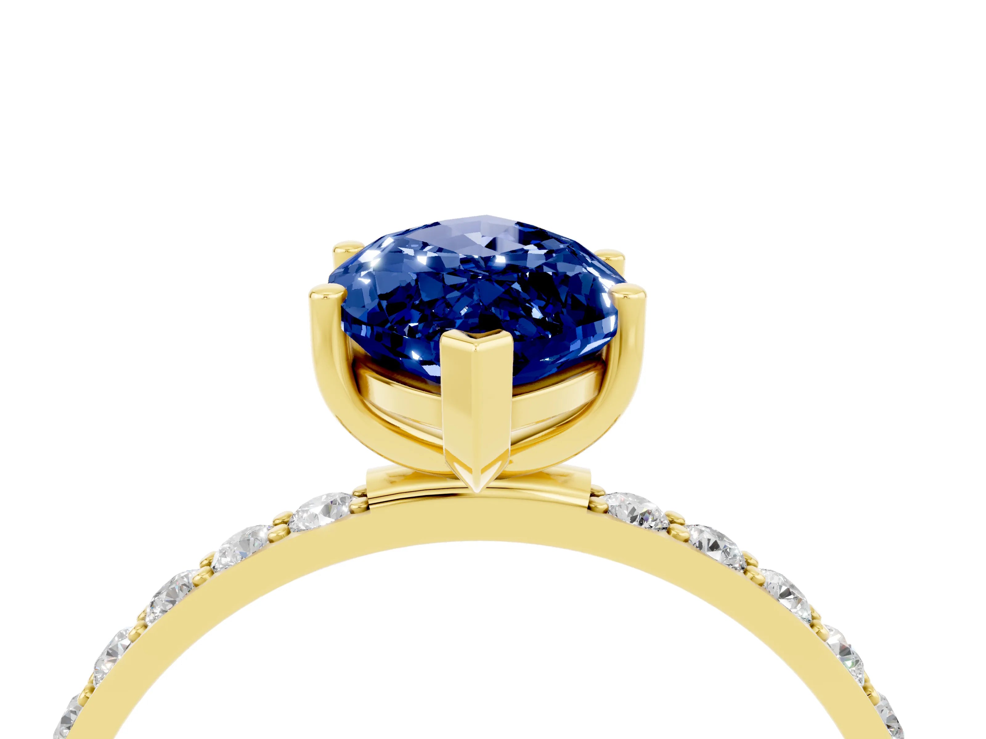 Yellow gold Marquise Cut Blue Sapphire Solitaire Ring with Pave Band and Four Prong Setting_28