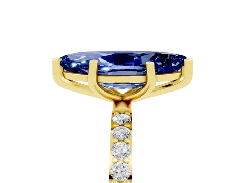 Yellow gold Marquise Cut Blue Sapphire Solitaire Ring with Pave Band and Four Prong Setting_29