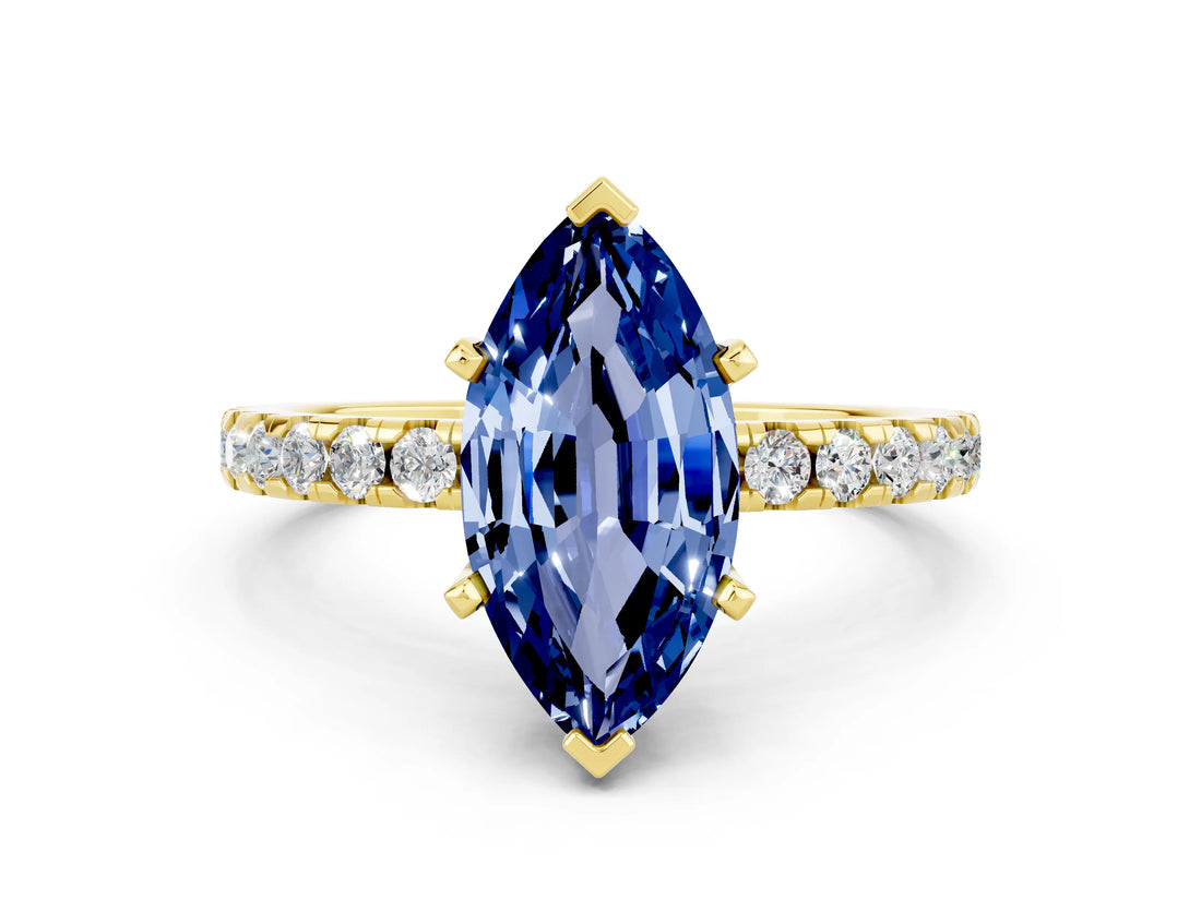 Yellow gold Marquise Cut Blue Sapphire Solitaire Ring with Round  Pavé Band and Four-Prong Setting_36