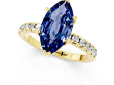Yellow gold Marquise Cut Blue Sapphire Solitaire Ring with Round  Pavé Band and Four-Prong Setting_37