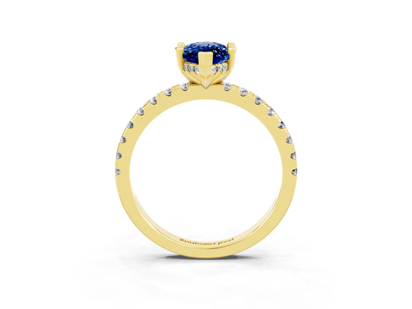 Yellow Gold Marquise Lab-Grown Blue Sapphire Hidden Halo Engagement Ring with Pave Band