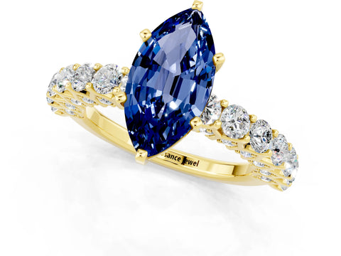 Yellow gold Marquise Cut Blue Sapphire Solitaire Ring with Shared Prong Pavé Band and Four-Prong Setting_1
