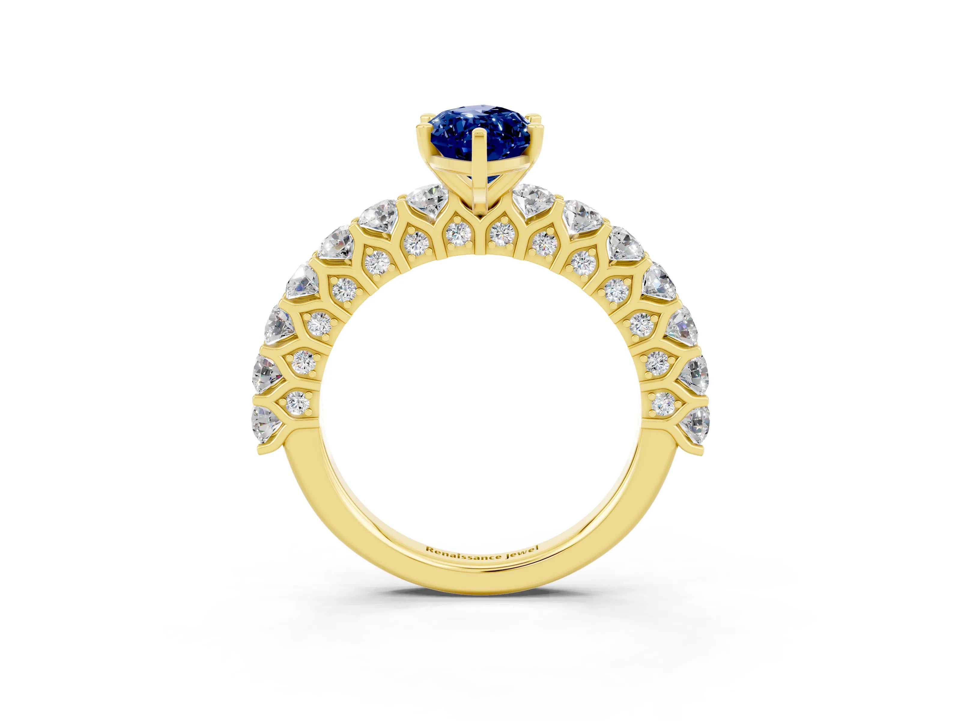 Yellow gold Marquise Cut Blue Sapphire Solitaire Ring with Shared Prong Pavé Band and Four-Prong Setting_3