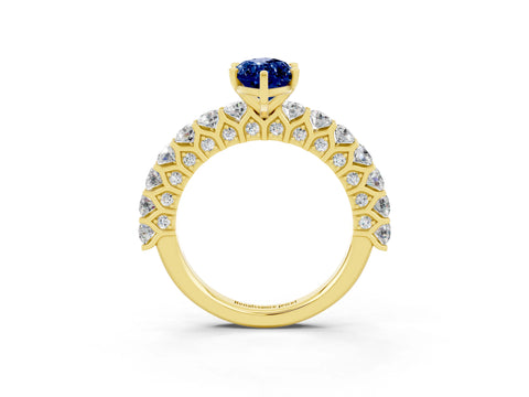 Yellow gold Marquise Cut Blue Sapphire Solitaire Ring with Shared Prong Pavé Band and Four-Prong Setting_3