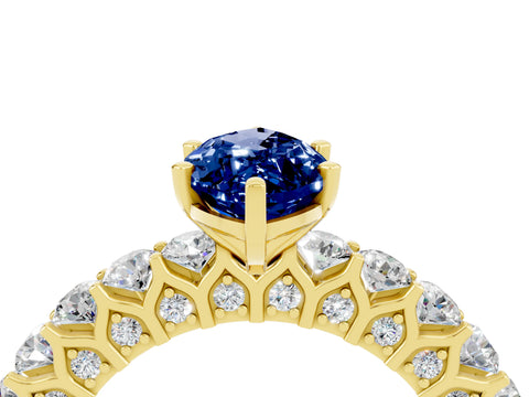 Yellow gold Marquise Cut Blue Sapphire Solitaire Ring with Shared Prong Pavé Band and Four-Prong Setting_4
