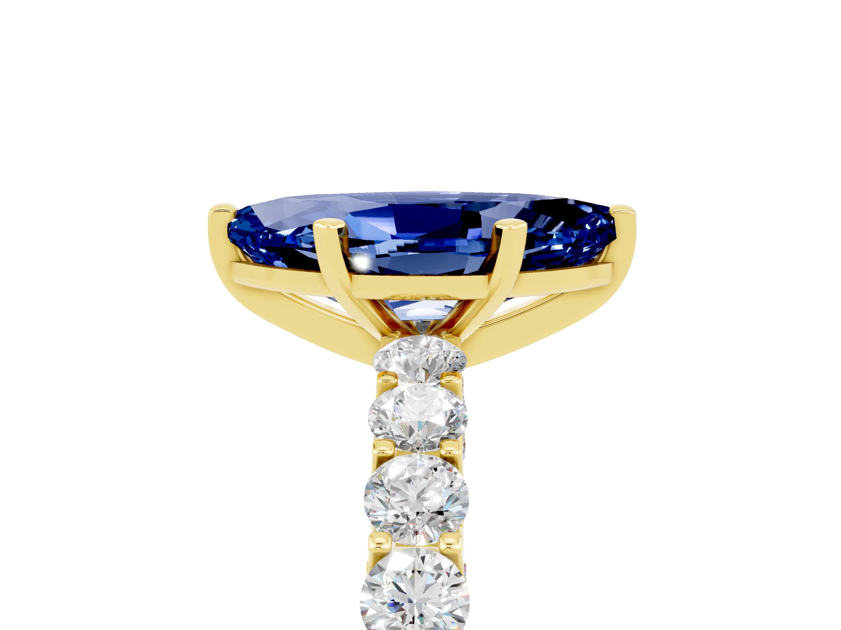 Yellow gold Marquise Cut Blue Sapphire Solitaire Ring with Shared Prong Pavé Band and Four-Prong Setting_5
