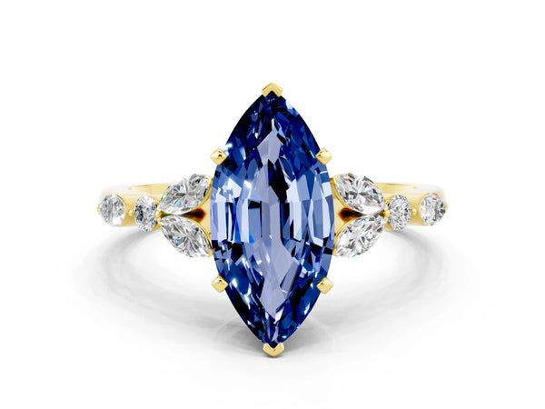 Yellow gold Marquise Cut Blue Sapphire Solitaire Ring with Side Stones and Four-Prong Setting