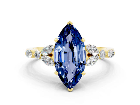 Yellow gold Marquise Cut Blue Sapphire Solitaire Ring with Side Stones and Four-Prong Setting_12