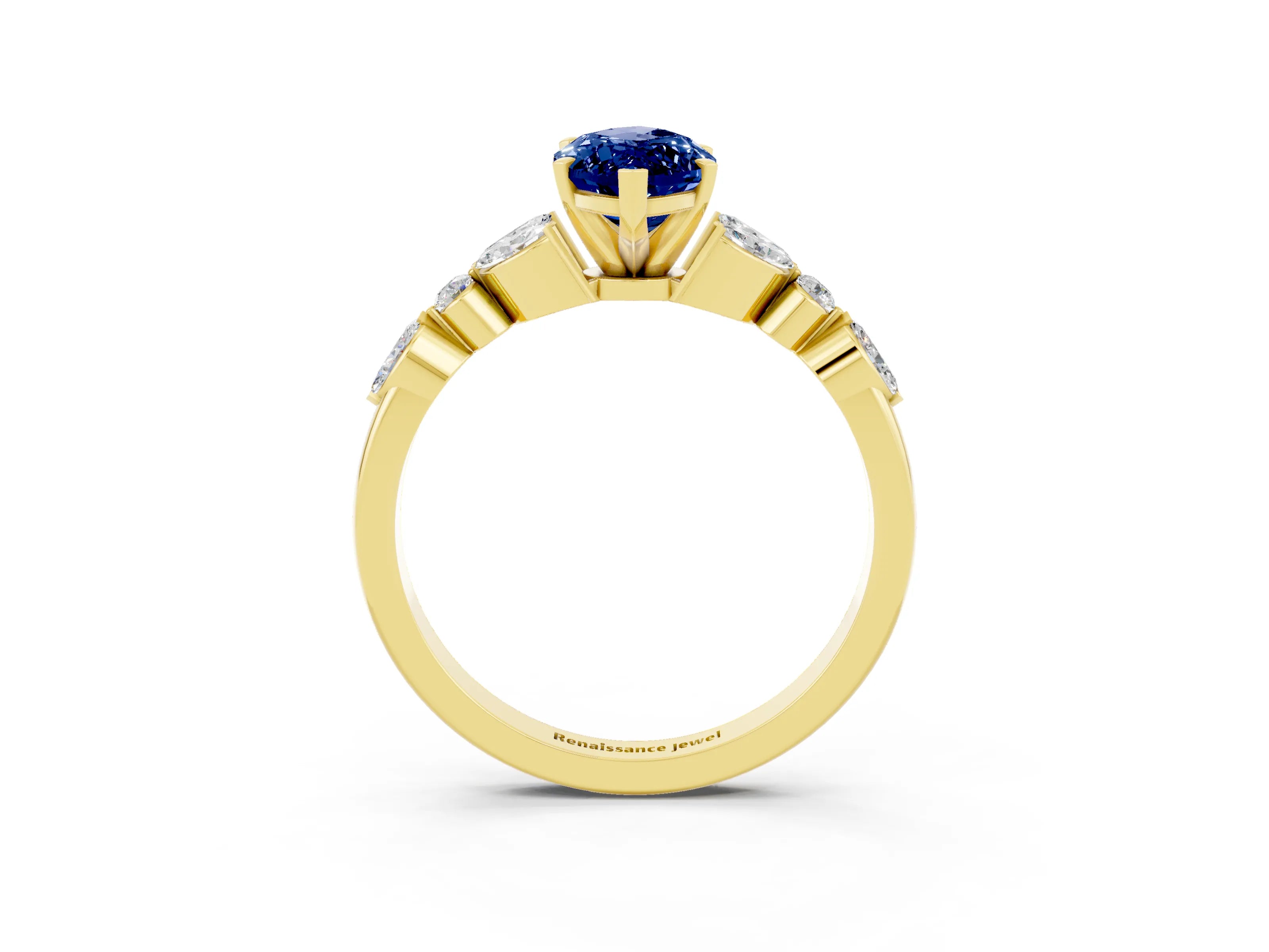 Yellow gold Marquise Cut Blue Sapphire Solitaire Ring with Side Stones and Four-Prong Setting_15
