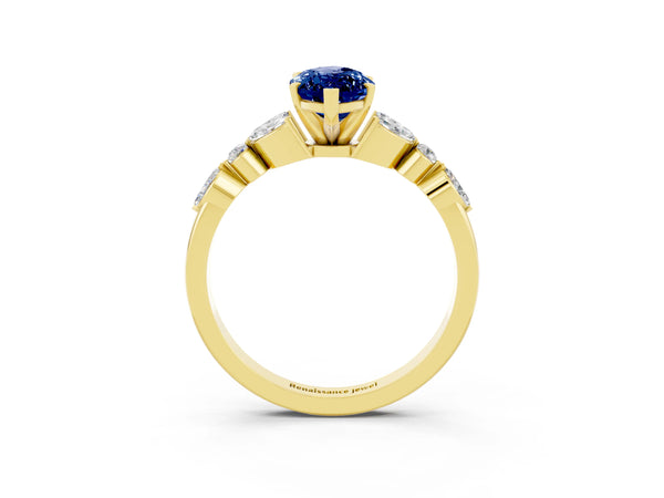 Yellow gold Marquise Cut Blue Sapphire Solitaire Ring with Side Stones and Four-Prong Setting