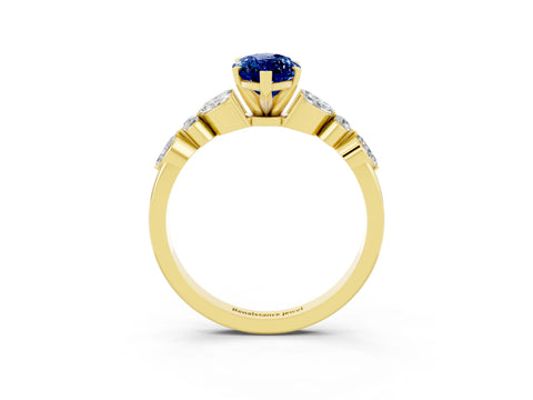 Yellow gold Marquise Cut Blue Sapphire Solitaire Ring with Side Stones and Four-Prong Setting_15