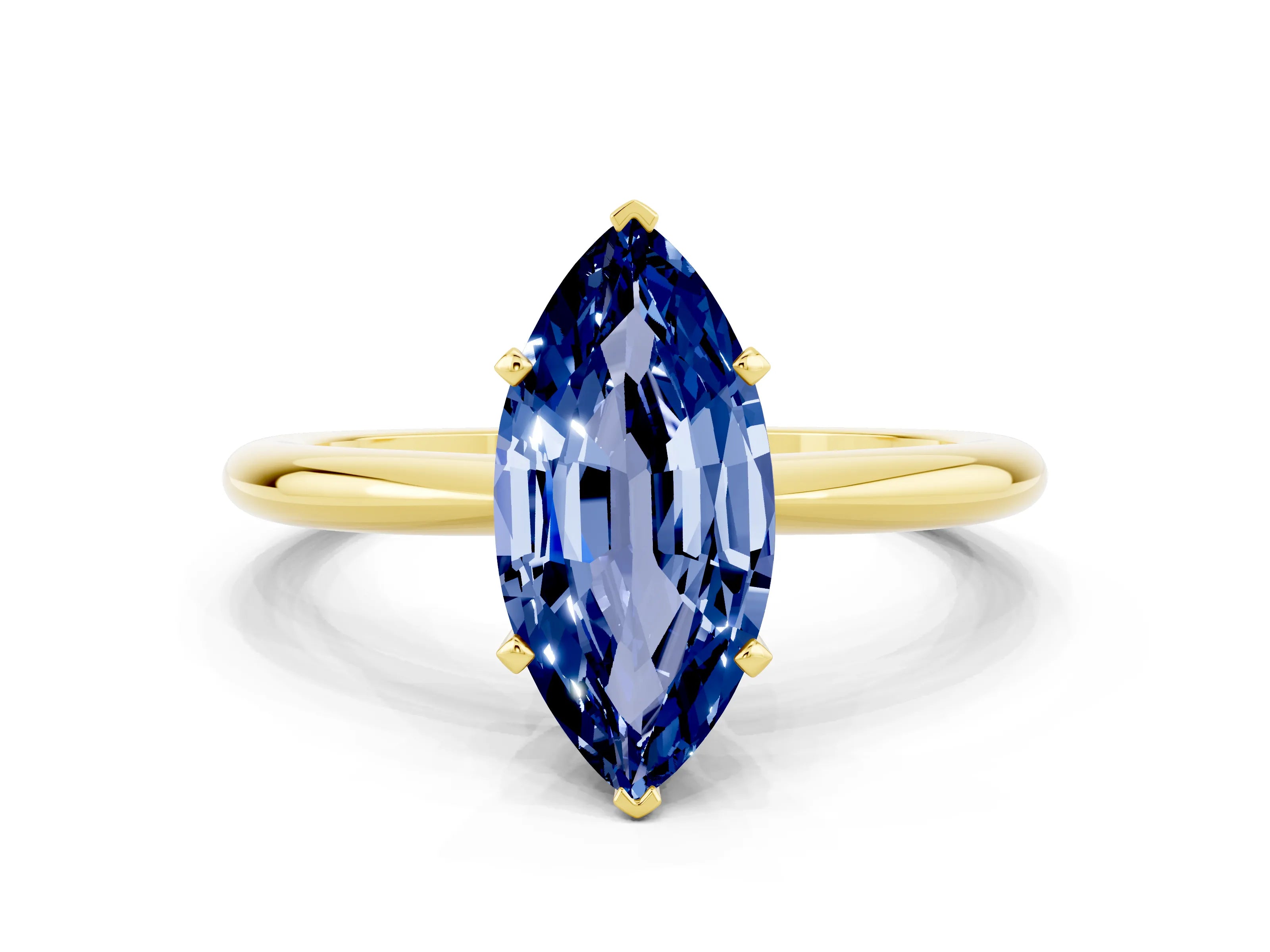Yellow gold Marquise Cut Blue Sapphire Solitaire Ring with Six-Prong Setting and Classic Band
