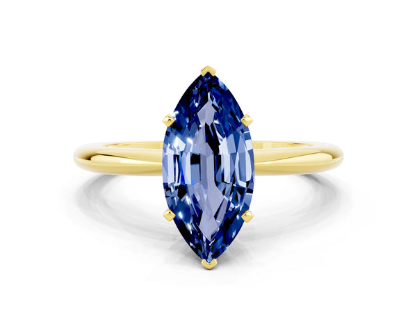 Yellow gold Marquise Cut Blue Sapphire Solitaire Ring with Six-Prong Setting and Classic Band