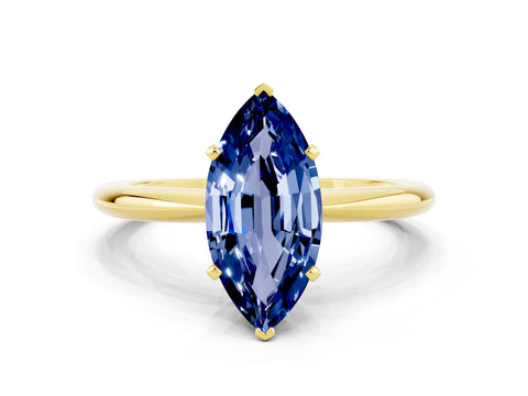 Yellow gold Marquise Cut Blue Sapphire Solitaire Ring with Six-Prong Setting and Classic Band