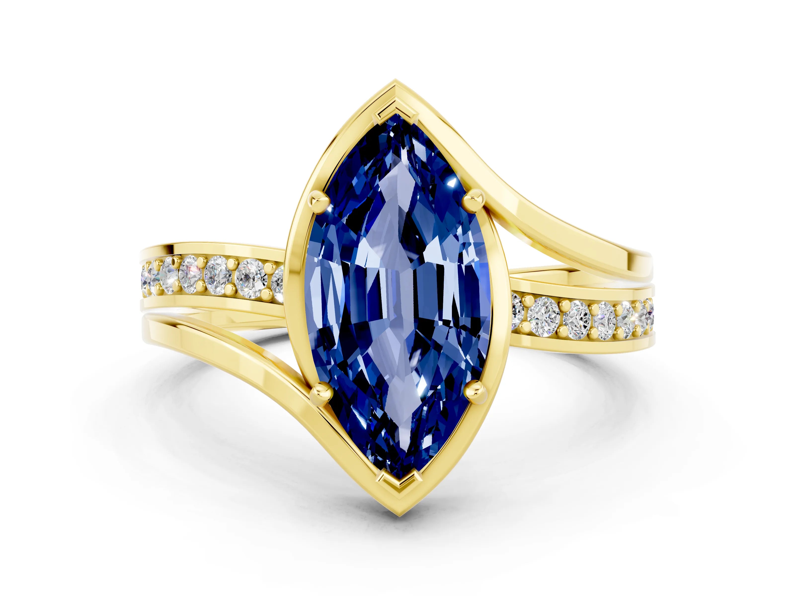 Yellow gold Marquise Cut Blue Sapphire Solitaire Ring with Split Shank and Prong Setting