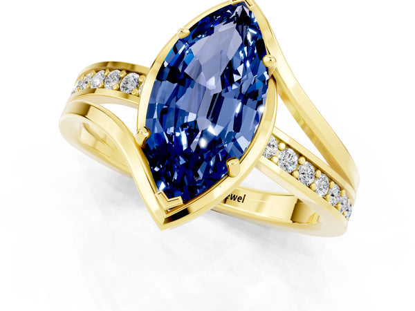 Yellow gold Marquise Cut Blue Sapphire Solitaire Ring with Split Shank and Prong Setting
