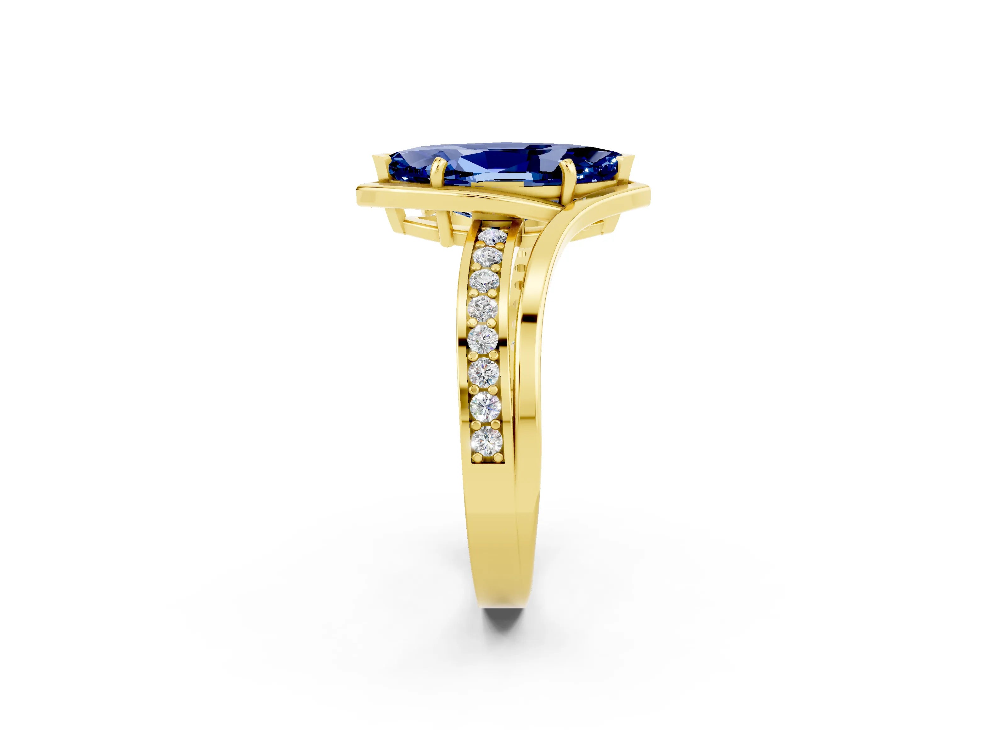 Yellow gold Marquise Cut Blue Sapphire Solitaire Ring with Split Shank and Prong Setting_2